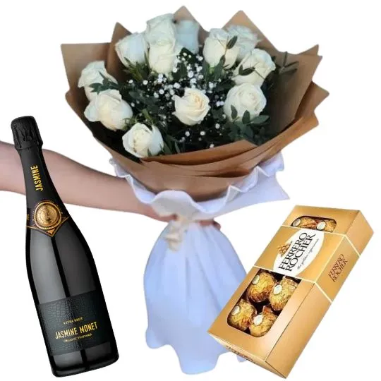 Ramo de 12 rosas blancas importadas rocher x8 y espumante